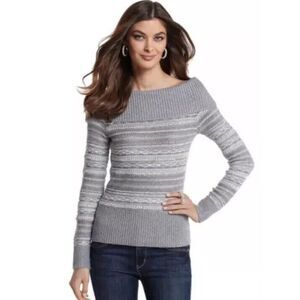 WHBM  Gray‎ Off Shoulder Knit Stripe With White Sequins Sweater Size M